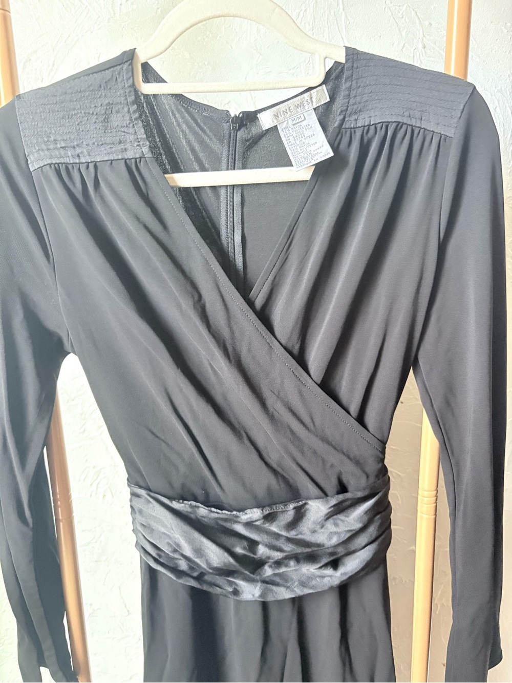 Nine West Vintage Black Faux Wrap Dress Silk Trim Tie Waist Career Medium
